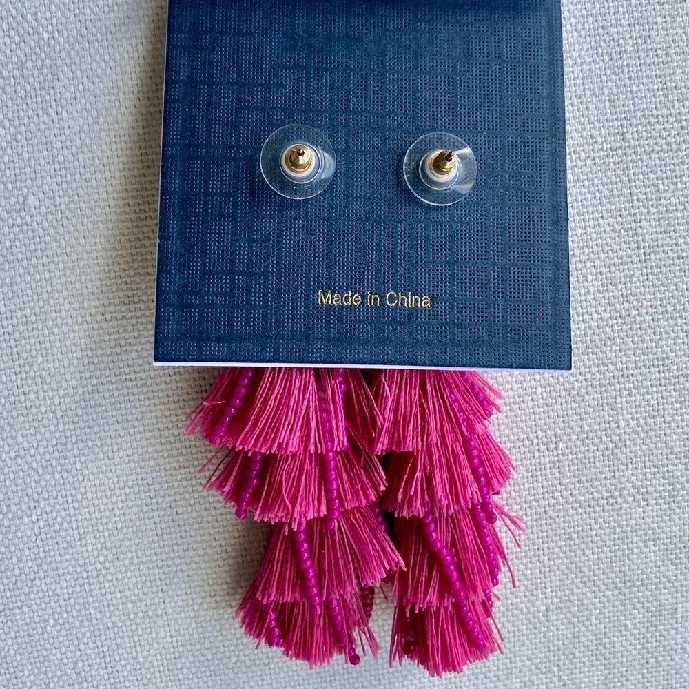 PINK LINEN Beaded Tassel Post Earrings Pink New - Picture 3 of 4